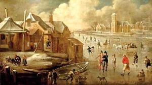 A frozen canal with skaters and men playing kolf by Jan Abrahamsz. Beerstraten