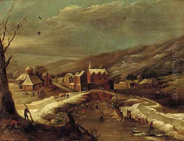 A winter landscape with a village by a river - view 1