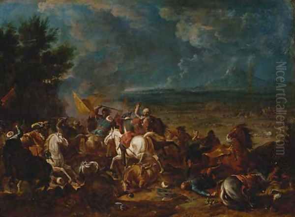 Christians engaging Turks, a military encampment beyond - view 1