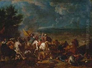 Christians engaging Turks, a military encampment beyond by Karel Breydel