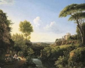 An Italianate Landscape With Travellers Halting At A Fountain, A Castle Beyond