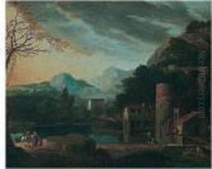A Classical Landscape With 
Figures On A Track And Washerwomen By A Watermill, Mountains Beyond