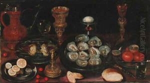 A laid table with salvers of oysters by Osias, the Elder Beert