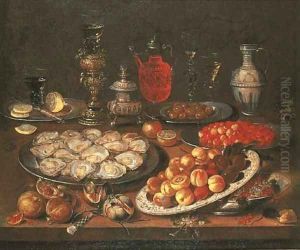 Oysters, peaches, cherries, redcurrants and olives on plates