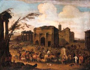 A Capriccio of a Roman Marketplace with Peasants and Levants at a Fountain by Pieter Van Bredael