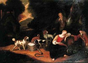 A sportsman teasing a shepherdess asleep at the edge of a wood by Adriaen Cornelisz. Beeldemaker