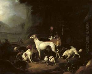 A hunter and his dogs resting at the entrance of a cave by Adriaen Cornelisz. Beeldemaker