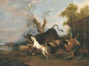 A pastoral river landscape with hounds chasing a bull by Adriaen Cornelisz. Beeldemaker
