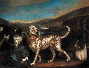 A dalmatian with a sportsman and hounds in a landscape by Adriaen Cornelisz. Beeldemaker