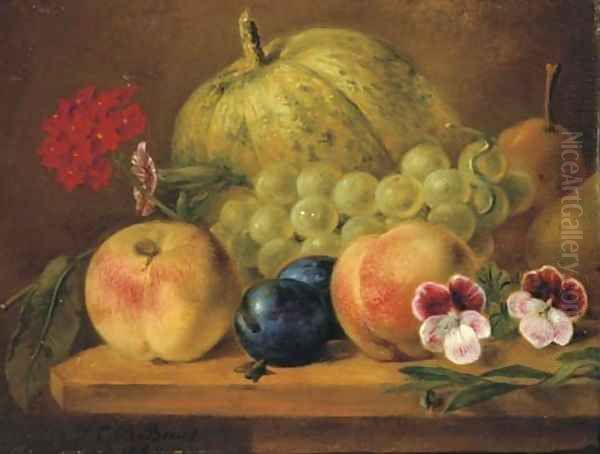 Fruits and flowers on a ledge - view 1