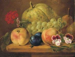 Fruits and flowers on a ledge by Cornelis Bernardus Buys