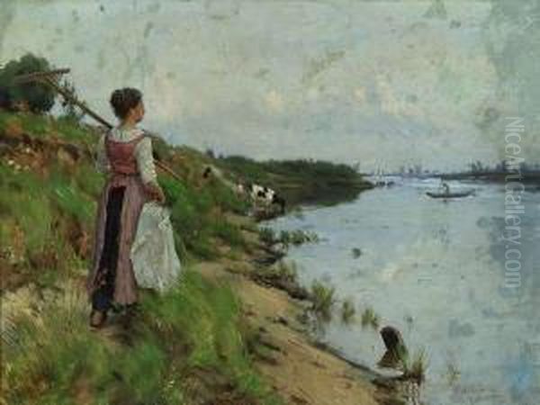 Girl By Riverside With Cows - view 1