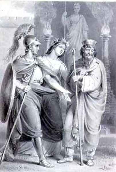 Warrior accompanied by a woman addressing a Priest in the Precincts of a Temple - view 1