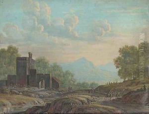 Travellers in an open landscape before sun-drenched hills