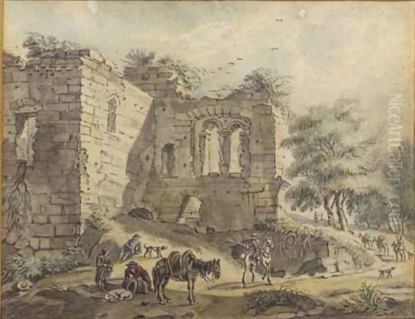 Travellers and peasants with a packhorse on a road by a ruined villa; and A horseman and peasants by a vaulted ruin - view 1