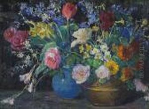 A Still Life With Roses, Daffodils And Other Flowers In Two Vases