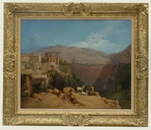 A View Of Tivoli With The Temple
 Of Vesta In The Background A Figure Seated In The Foreground by Andrea Cherubini