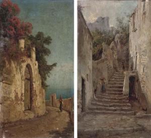 Girls Carrying Baskets Of Fruit Down A Capri Backstreet
