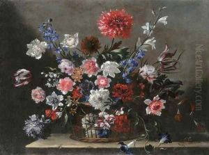 Poppies, tulips, morning glory and other flowers in a basket on a stone ledge by Nicolas Baudesson