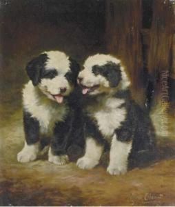 Burmese Mountain Puppies In A Barn Interior by Lilian Cheviot
