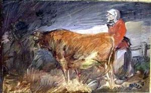 Woman and a Cow in a Landscape by Wilhelm Busch