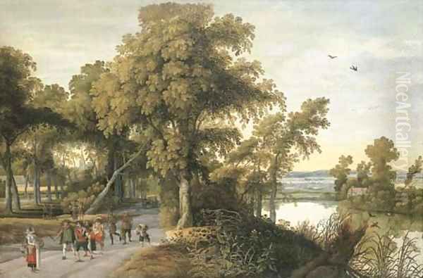 A wooded river landscape with soldiers, peasants and huntsmen on a path, a church through the trees beyond - view 1