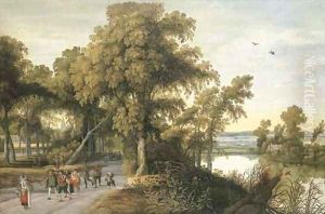 A wooded river landscape with soldiers, peasants and huntsmen on a path, a church through the trees beyond by Willem Van Den Bundel