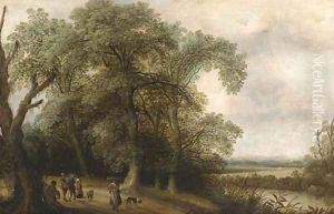 A wooded river landscape with figures on a track by Willem Van Den Bundel