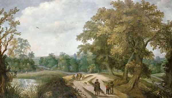 Peasants and travelers on a path, a village beyond - view 1