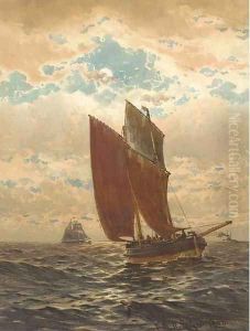 A fishing lugger at dusk by William Thomas Nicholas Boyce