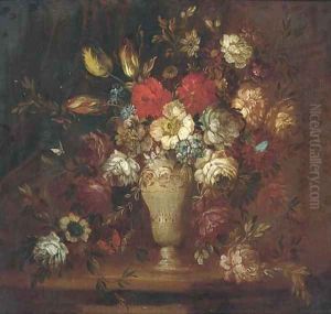 Roses, tulips, and other flowers in a vase with a butterfly on a ledge