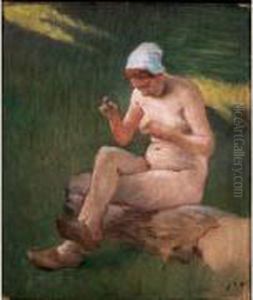 " Bergere En Sabot, Nue Et Cousant, Assise Sur Un Tronc D'arbre " (etude)