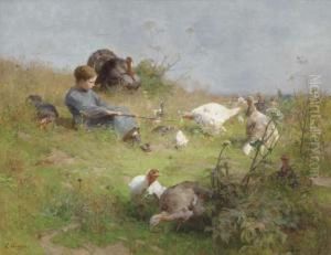 A Young Girl With A Flock Of Turkeys by Luigi Chialiva