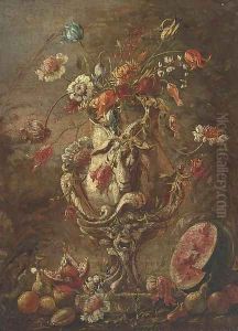 Tulips, narcissi and other flowers in a suclpted urn by Andrea Belvedere