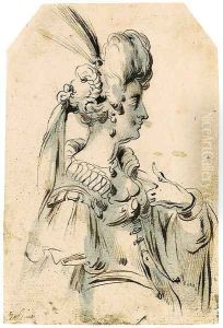 A Woman in Profile to the Right wearing a plumed Head-dress by Jacques Bellange