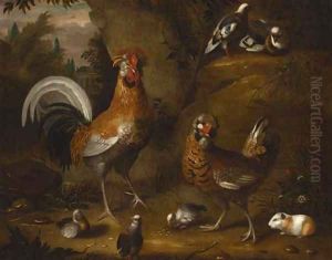 A cockerel and hen with chicks by Jakob Bogdany