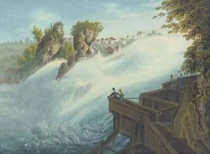 Figures observing a waterfall, thought to be at Schaffhausen on the Rhine by Johann Heinrich (II) Bleuler: