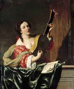A lady playing a guitar on a balcony by Johannes Van Bronckhorst
