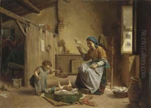 A Mother Winding Yarn With Her Children In An Interior