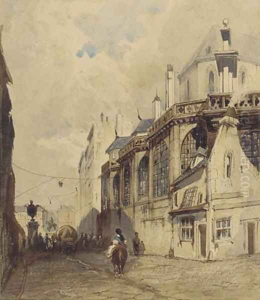 A horseman riding down a continental street - view 1