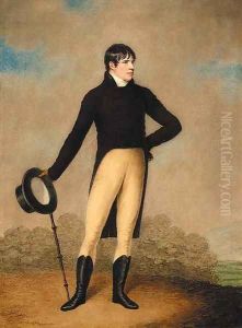 Portrait of a gentleman, standing full length in a landscape, wearing a brown coat and white cravat by Adam Buck
