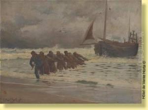 Pecheurs Halant Leurs Embarcations Sur La Plage by Eugene Chigot