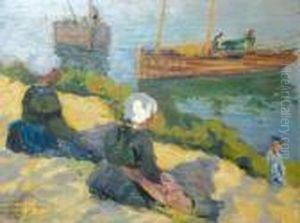 Henri Alexandre : " Jeunes Bretonnes Assises Au Bord De La Cote " by Eugene Chigot