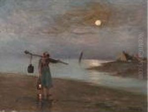 Femme Sur La Greve En Bretagne. by Eugene Chigot