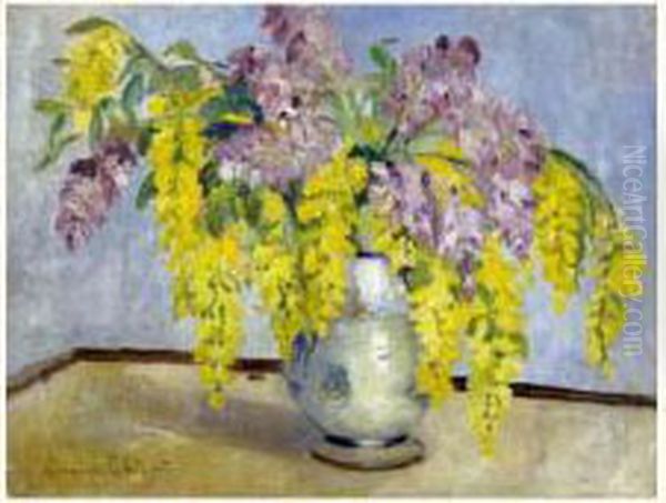 Vase De Fleurs Jaunes Et Mauves - view 1