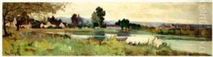 Village En Bord De Riviere by Eugene Chigot
