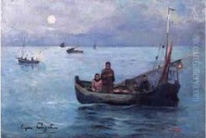 Pecheurs Au Clair De Lune by Eugene Chigot