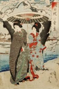Due Donne Sotto La Neve Lungo Il Fiume Sumida by Yoshu Toyoharu Chikanobu /