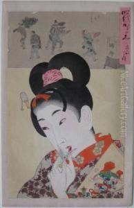 Beauty With A Feathered Toy by Yoshu Toyoharu Chikanobu /