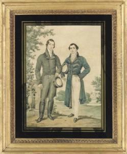 Portrait Of Two Gentleman, 
Standing Full-length, In A Parklandscape, Both In Elaborate Costume, 
Holding Top Hats by James Warren Childe